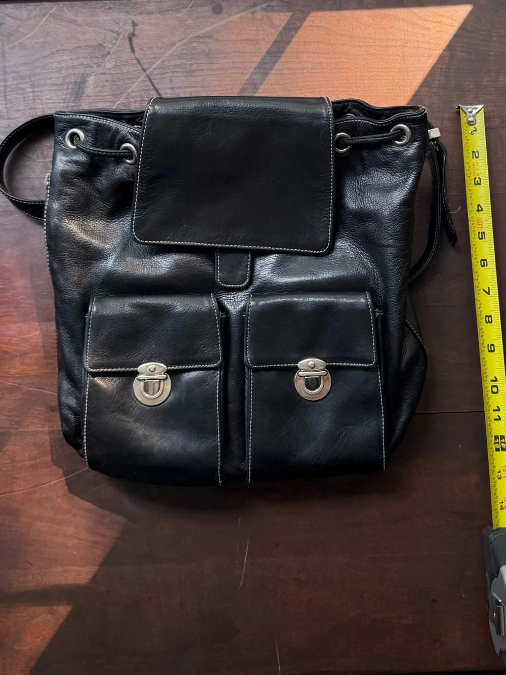 Vintage Perlina New York Black Leather Backpack Purse Drawstring 90s Y2K